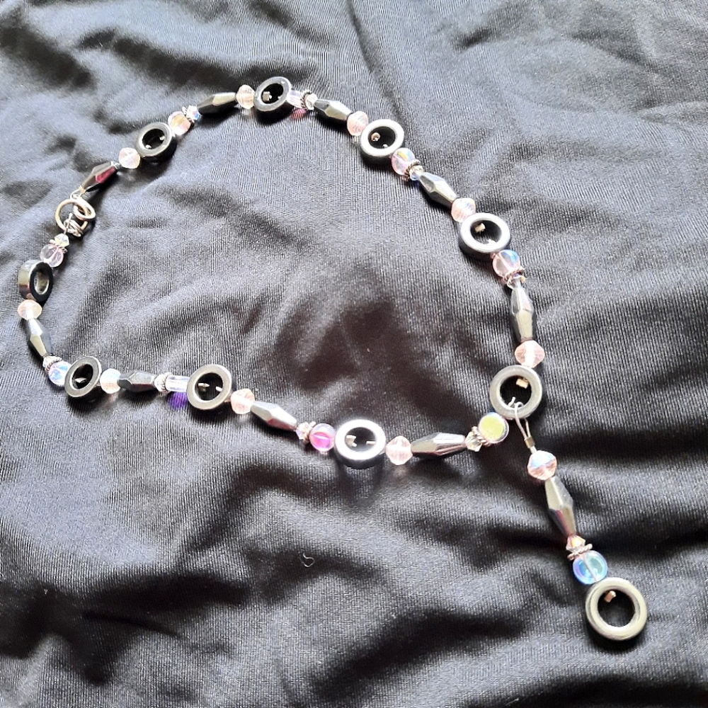 Handmade pendant necklace, hematite,  crystal, sterling silver composition.